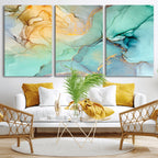 Abstract Aqua and Gold Fluid Wall Art Canvas | 3 Panel Large Canvas Print