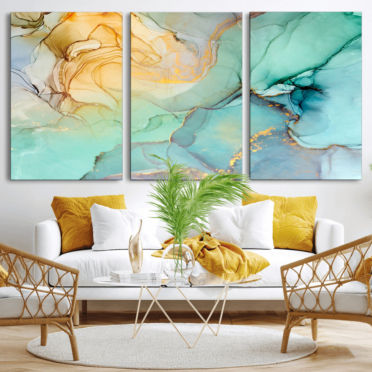 Abstract Aqua and Gold Fluid Wall Art Canvas | 3 Panel Large Canvas Print