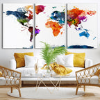 Bold Colorful World Map Canvas Print | Detailed Map of the World Wall Art