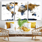 Modern Abstract World Map Canvas Wall Art | Framed Blue and Gold Map Print