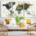 Vintage World Map Wall Art Canvas Print, Framed Rustic Earth Tone Map