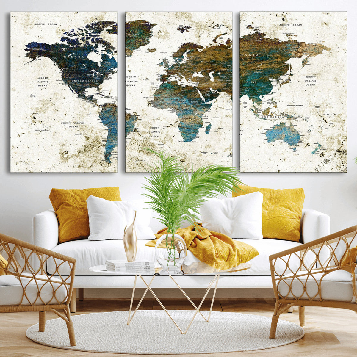 Vintage World Map Wall Art Canvas Print, Framed Rustic Earth Tone Map