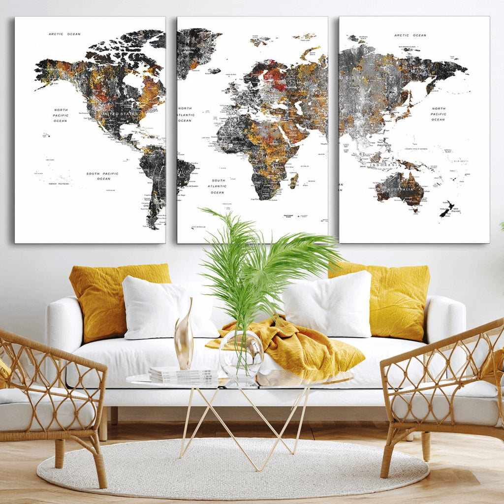 Modern Metallic World Map Canvas Wall Art | Framed Contemporary World Map Print