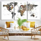 Modern Metallic World Map Canvas Wall Art | Framed Contemporary World Map Print