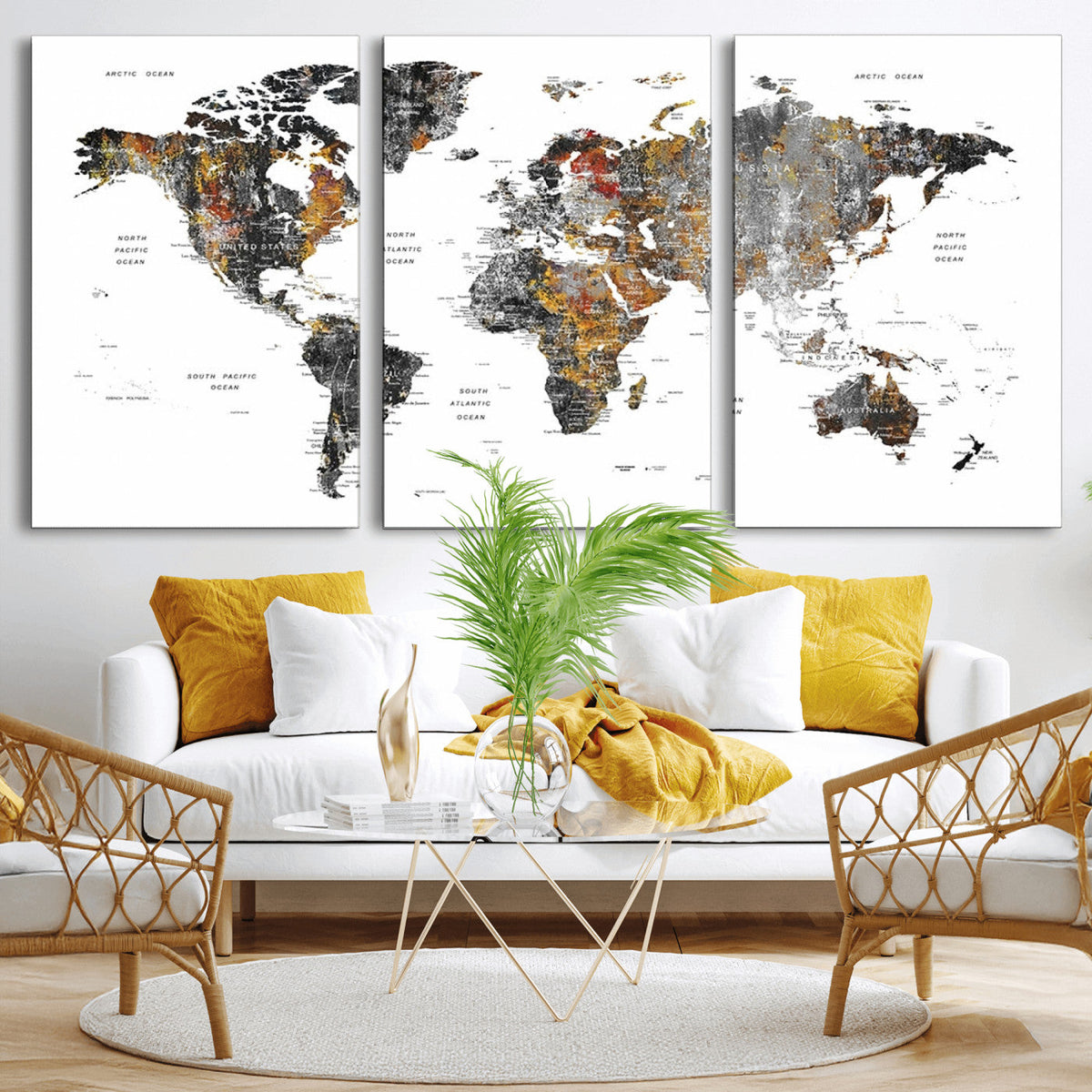 Modern Metallic World Map Canvas Wall Art | Framed Contemporary World Map Print