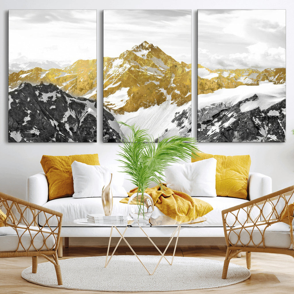 Gold Abstract Mountains Wall Art Print on Canvas, Nature Wall Art Print