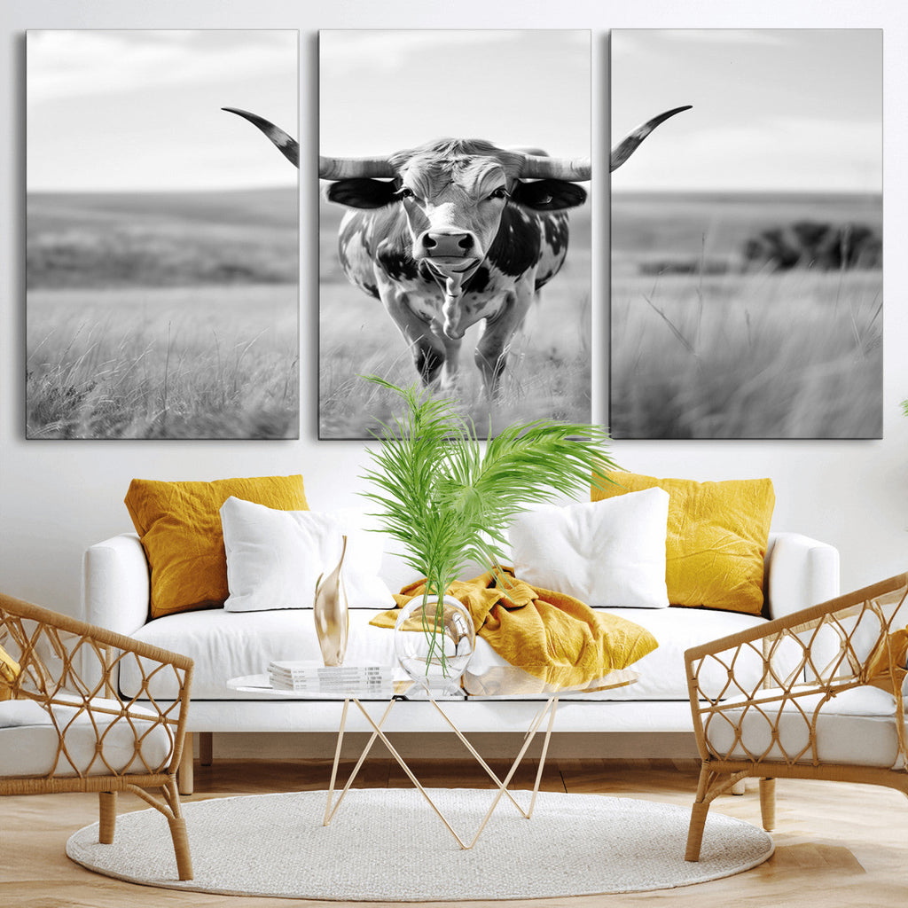 Texas Cow Longhorn Wall Art Canvas Print for Farm House Wall Art, Framed and Ready to Hang