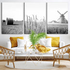 Vintage Farmhouse Black and White Triptych Wall Art, Giclee Canvas with Wheat Fields, Hay Bales and Windmill