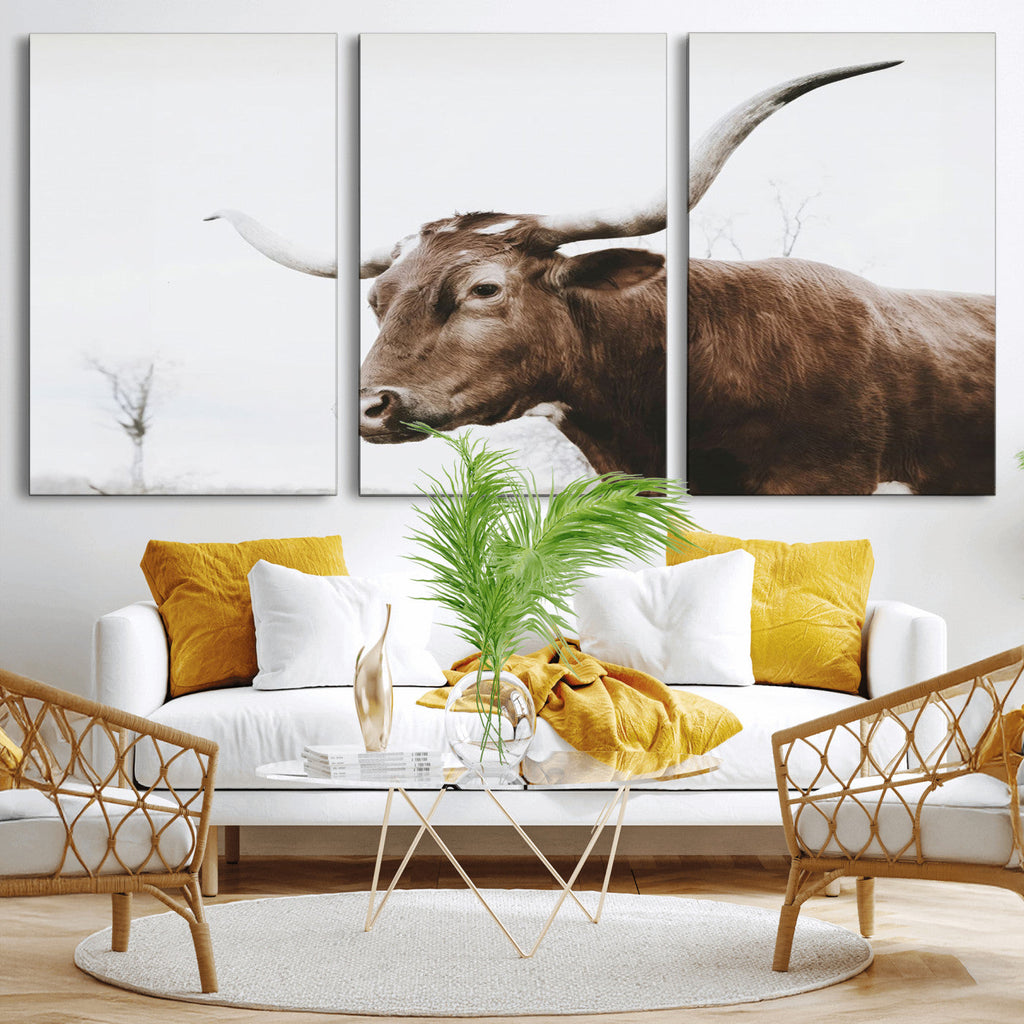 Rustic Bull Wall Art Canvas Print, Modern Longhorn Farmhouse Animal Decor