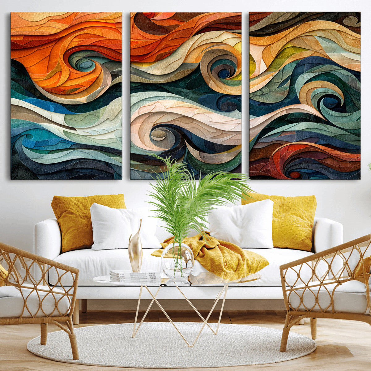 Abstract Wave Wall Art, Ready to Hang Framed Canvas Print | Extra Large 3 Piece Canvas Wall Art