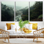 Misty Forest Wall Art, Tranquil Nature Landscape, Ready to Hang | Extra Large 3 Piece Canvas Wall Art