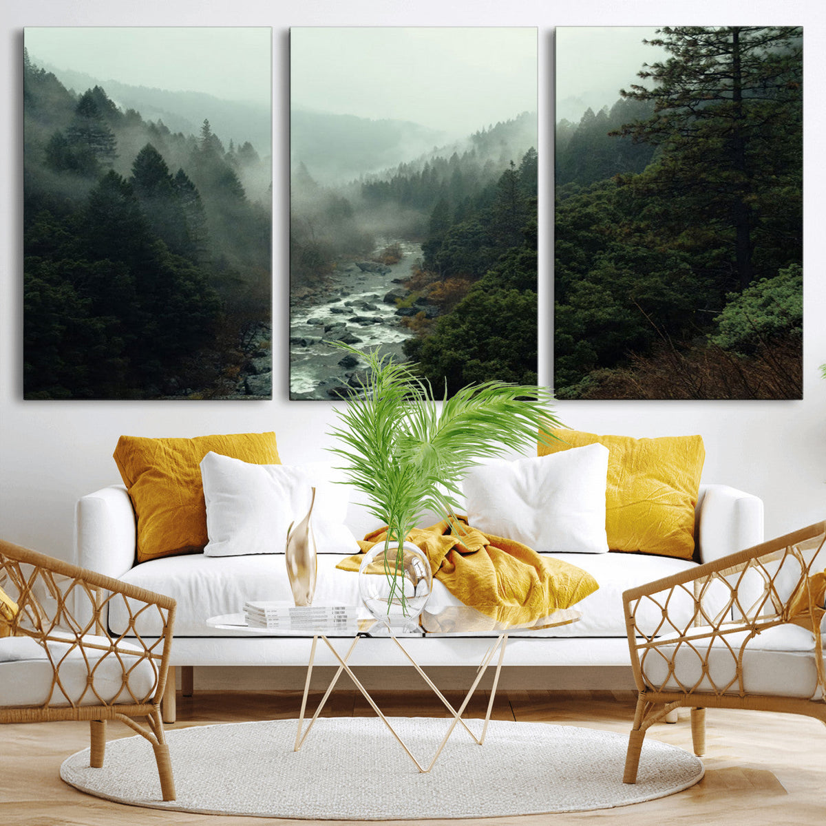 Misty Forest Wall Art, Tranquil Nature Landscape, Ready to Hang | Extra Large 3 Piece Canvas Wall Art