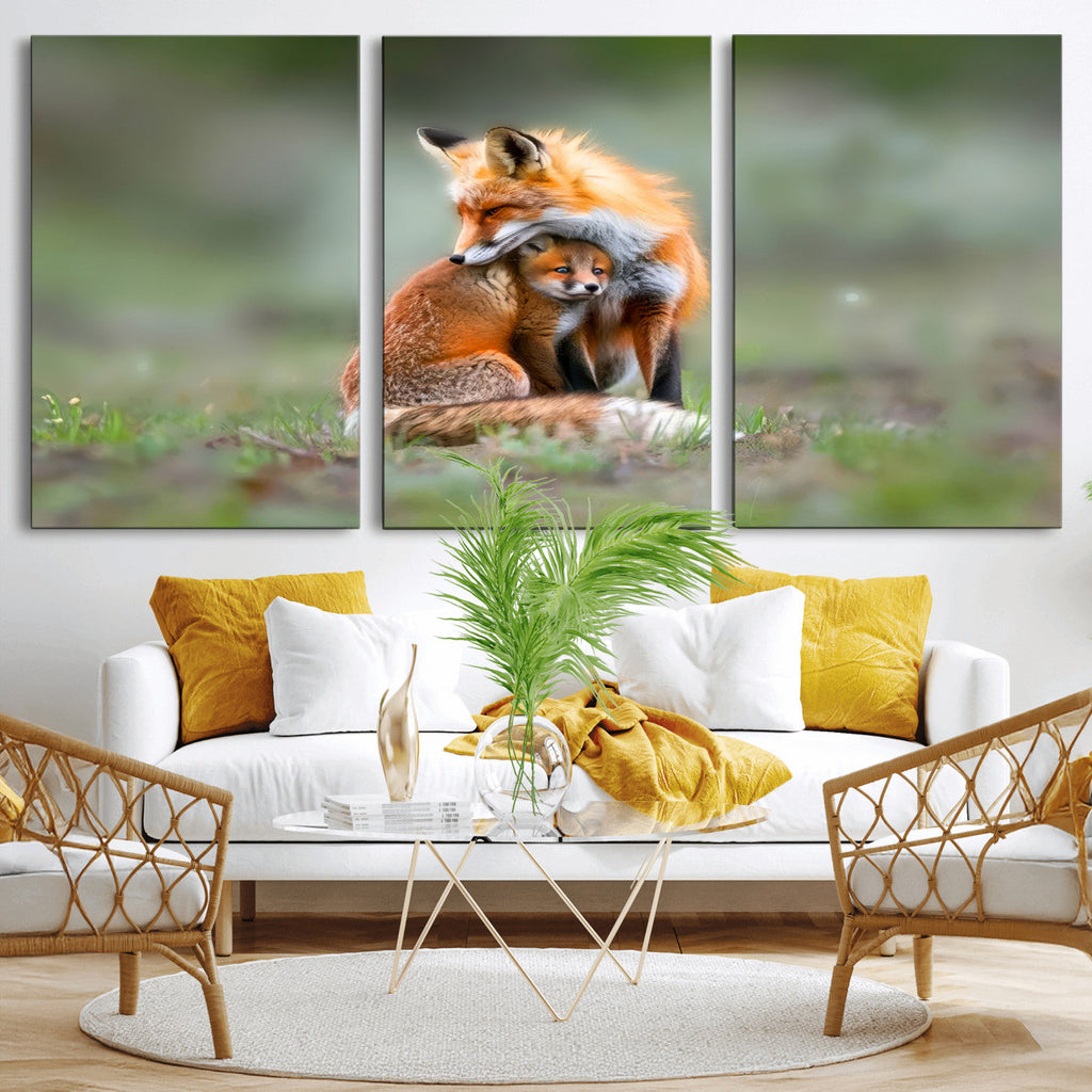 Heartwarming Fox and Baby Cub Wall Art | Canvas Print of Foxes in Nature