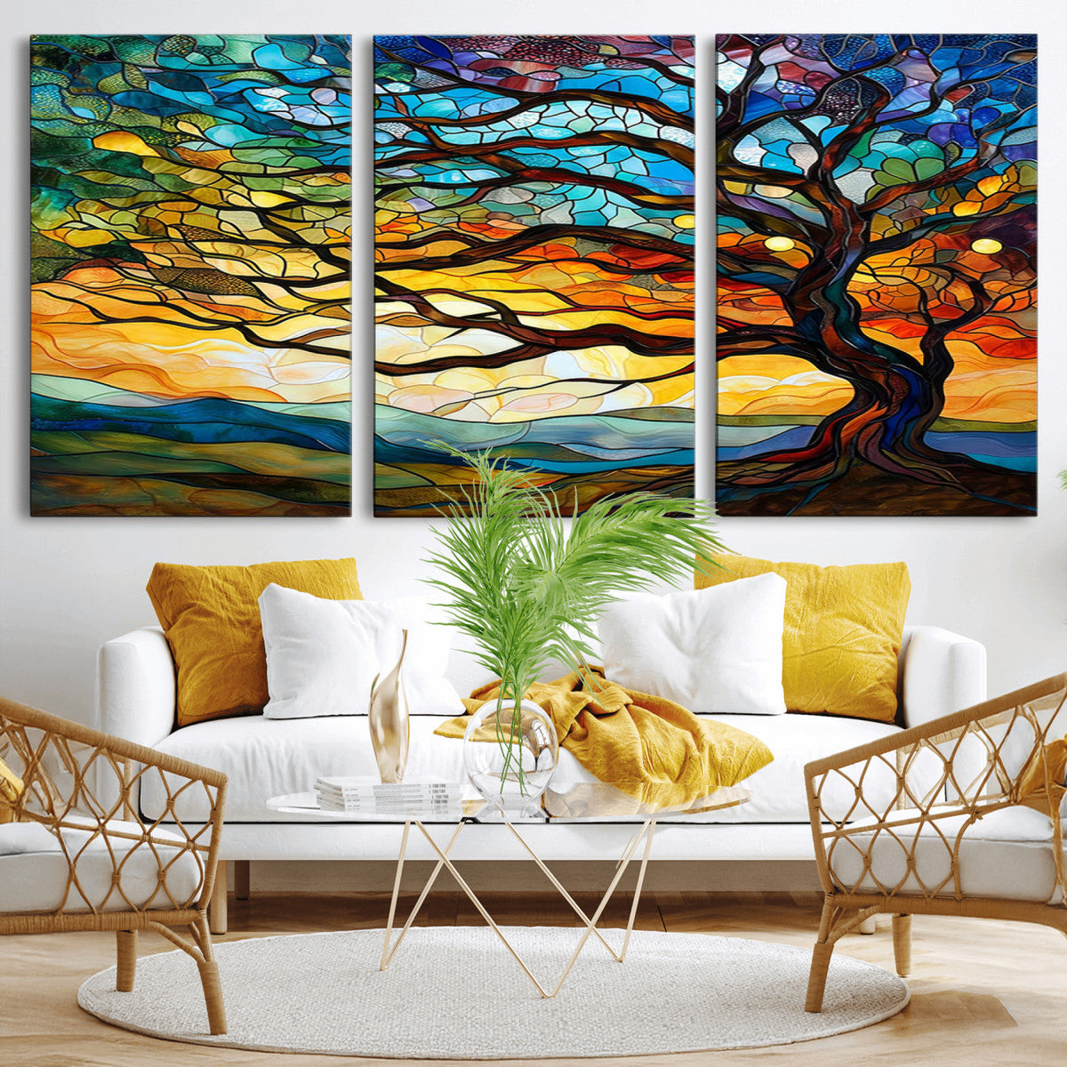 Vibrant Mosaic Tree of Life Wall Art, Stained Glass Style Canvas Print