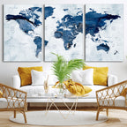 Modern Blue World Map Canvas Print | Elegant Travel Map Wall Art for Home Office