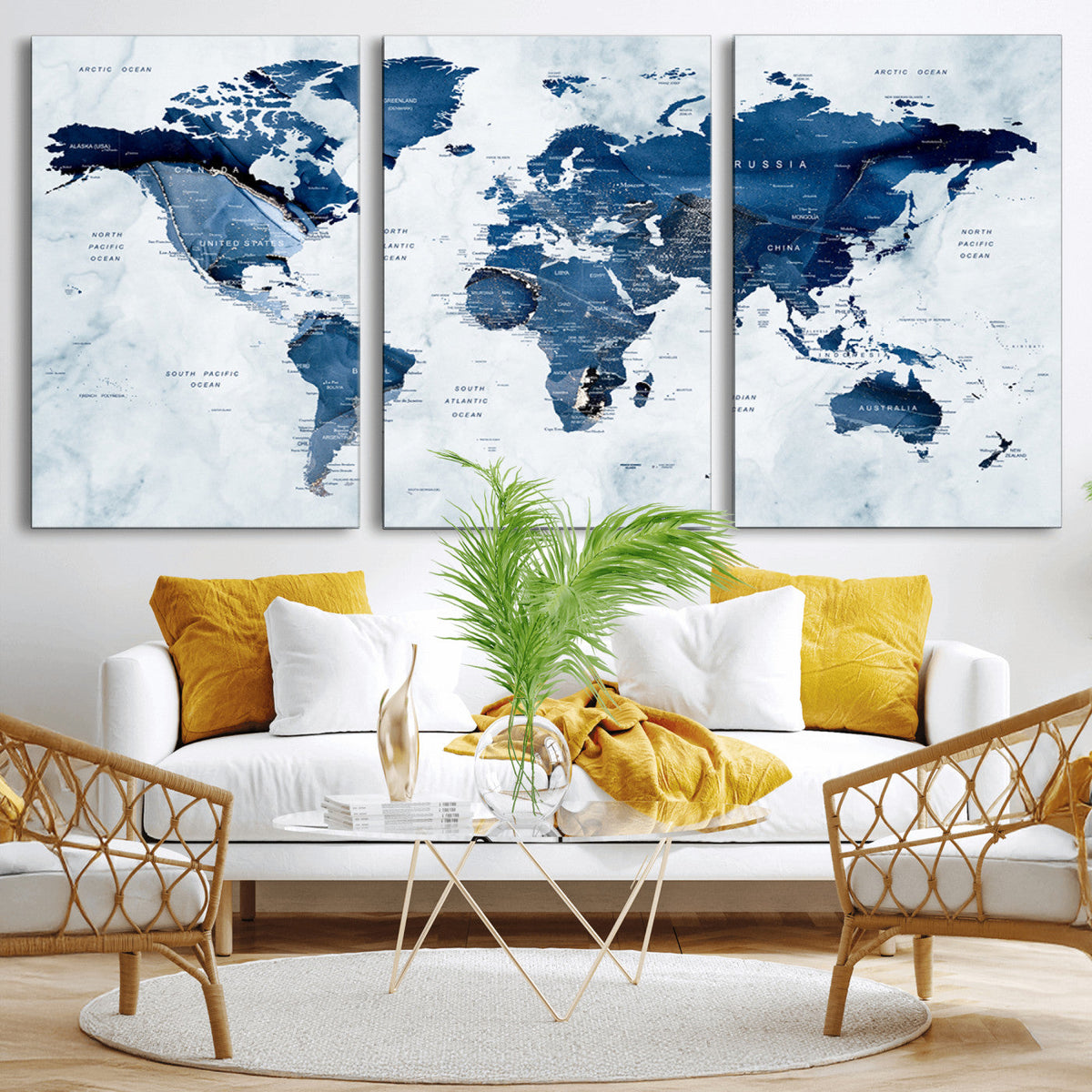 Modern Blue World Map Canvas Print | Elegant Travel Map Wall Art for Home Office