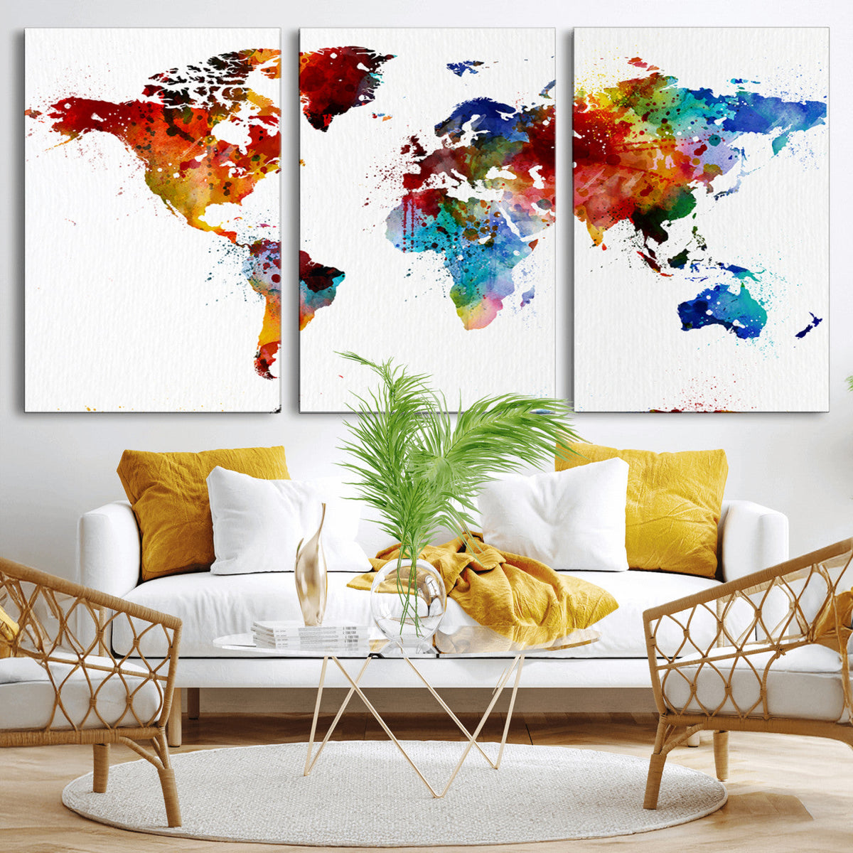 Colorful World Map Canvas Wall Art Print, Contemporary Global Map Artwork