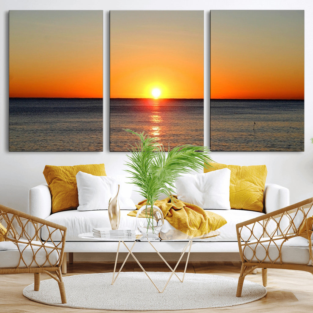 Golden Horizon Sunset Over Ocean Wall Art Canvas Print | Tropical Beach Canvas
