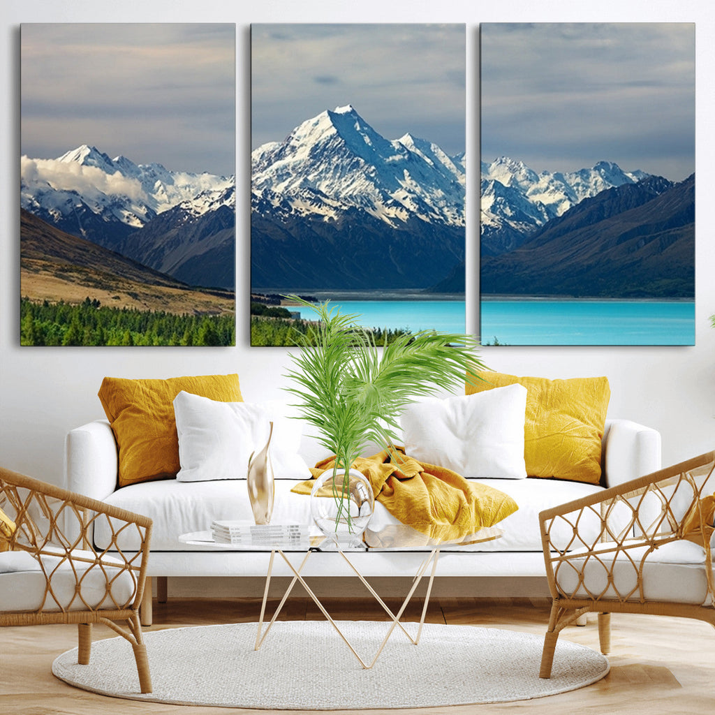 Mount Cook and Lake Pukaki Canvas Wall Art Print | Majestic Snow Capped Peaks