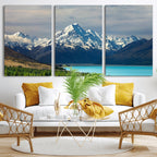Mount Cook and Lake Pukaki Canvas Wall Art Print | Majestic Snow Capped Peaks