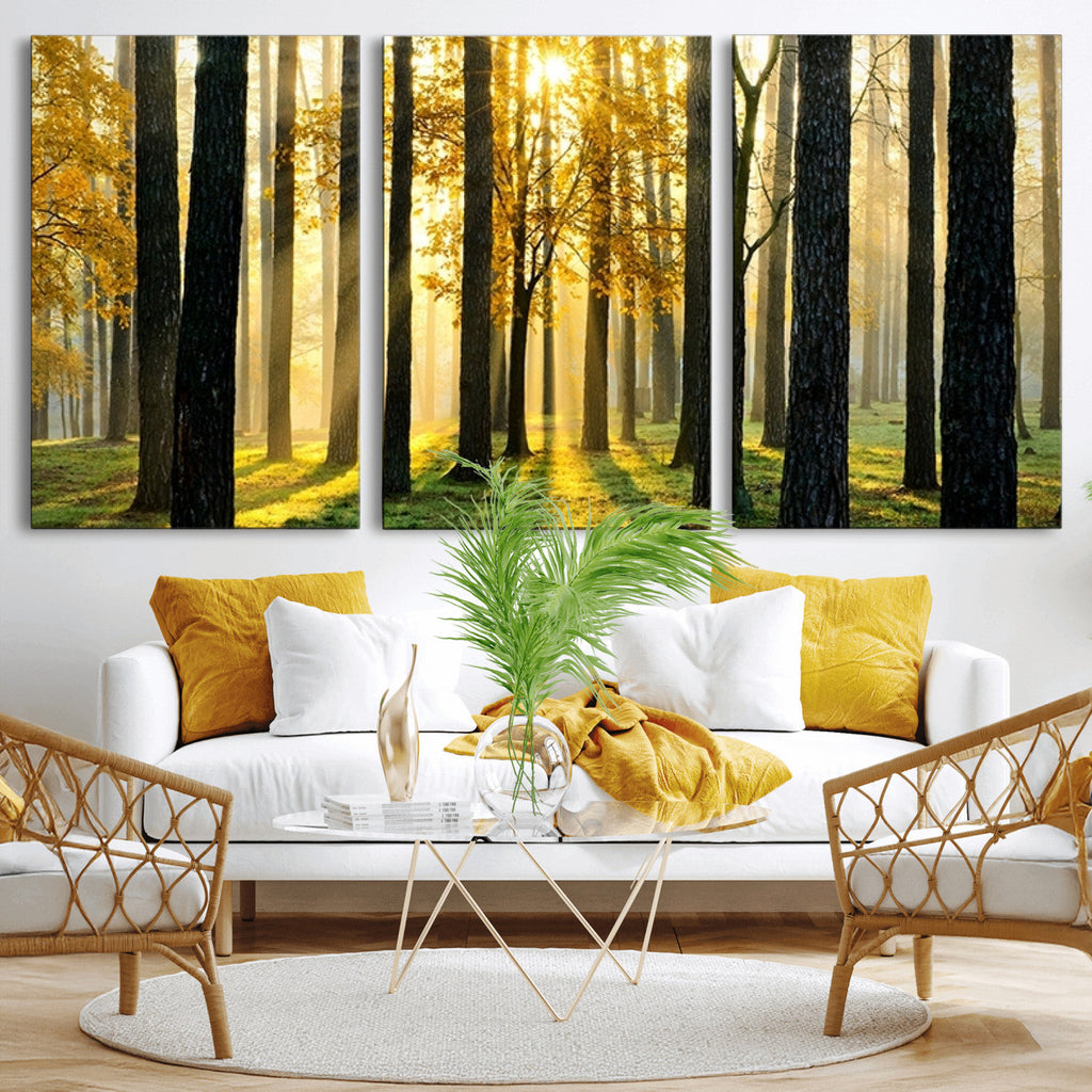 Sunlit Forest Wall Art Canvas Print, Large Framed Woodland Scene with Golden Light