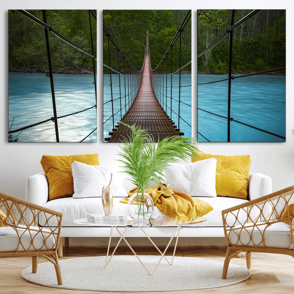 Suspension Bridge Over River Canvas Art | 3-Panel Nature Wall Art