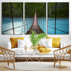 Suspension Bridge Over River Canvas Art | 3-Panel Nature Wall Art
