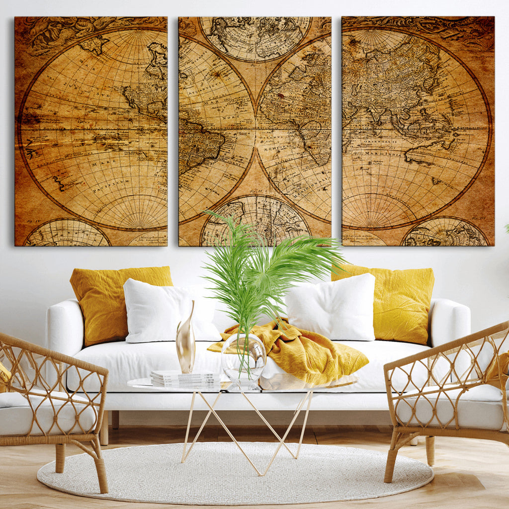 Vintage World Map Canvas Print | Antique Push Pin Travel Map