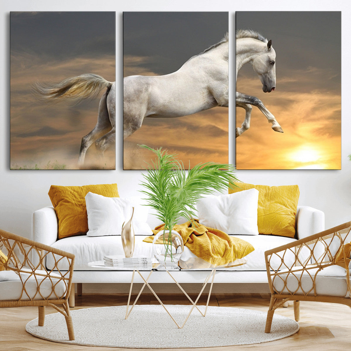 Large Wall Art Canvas Print, White Jumping Horse at Sunset