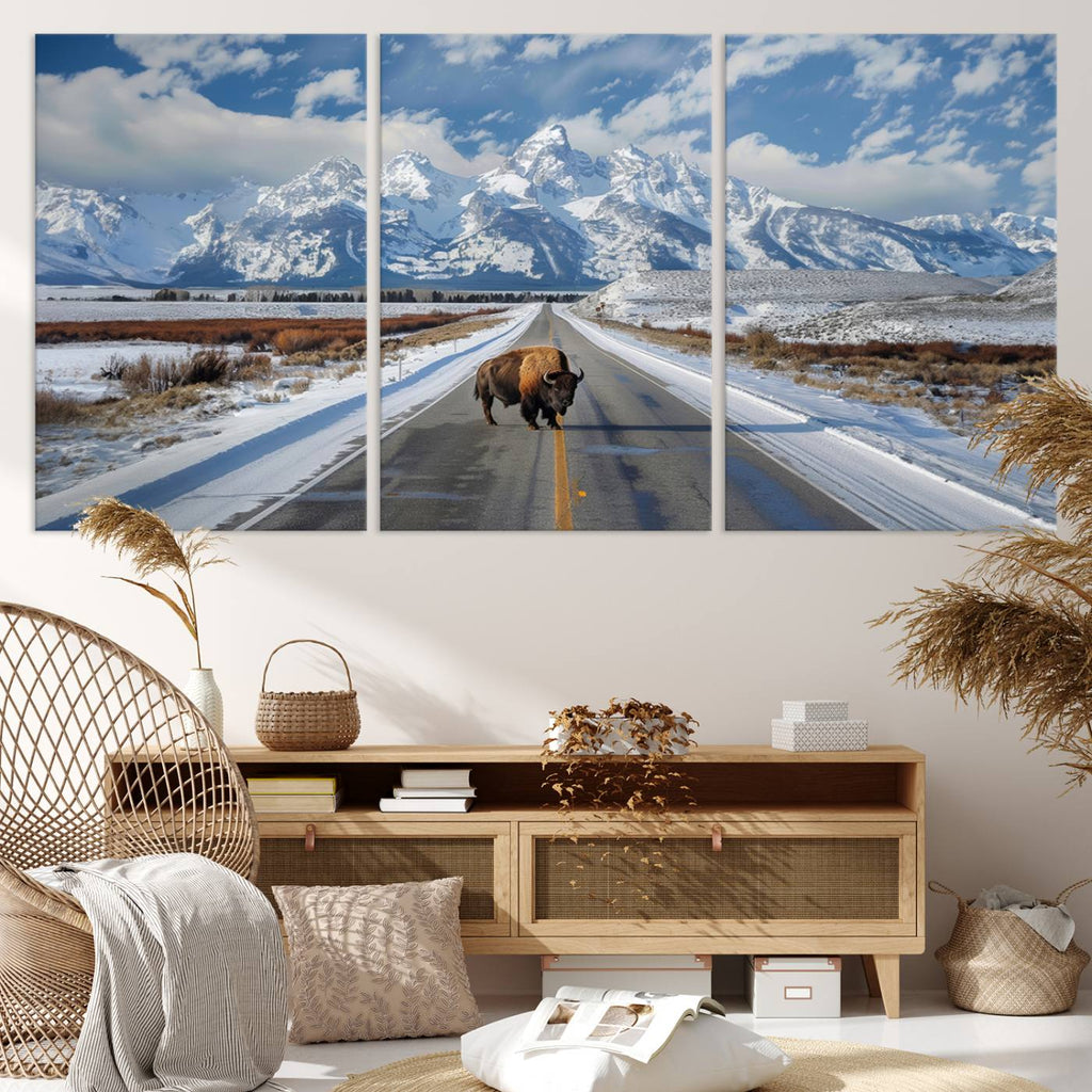 Bison Wall Art | Snowy Road Wall Art | Framed Mountain Landscape Canvas