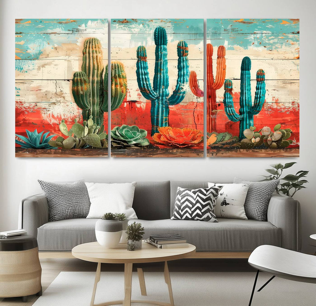 Colorful Cacti Wall Art | Framed Vibrant Succulent Canvas