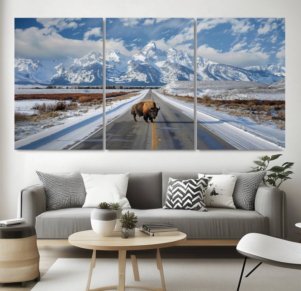 Bison Wall Art | Snowy Road Wall Art | Framed Mountain Landscape Canvas