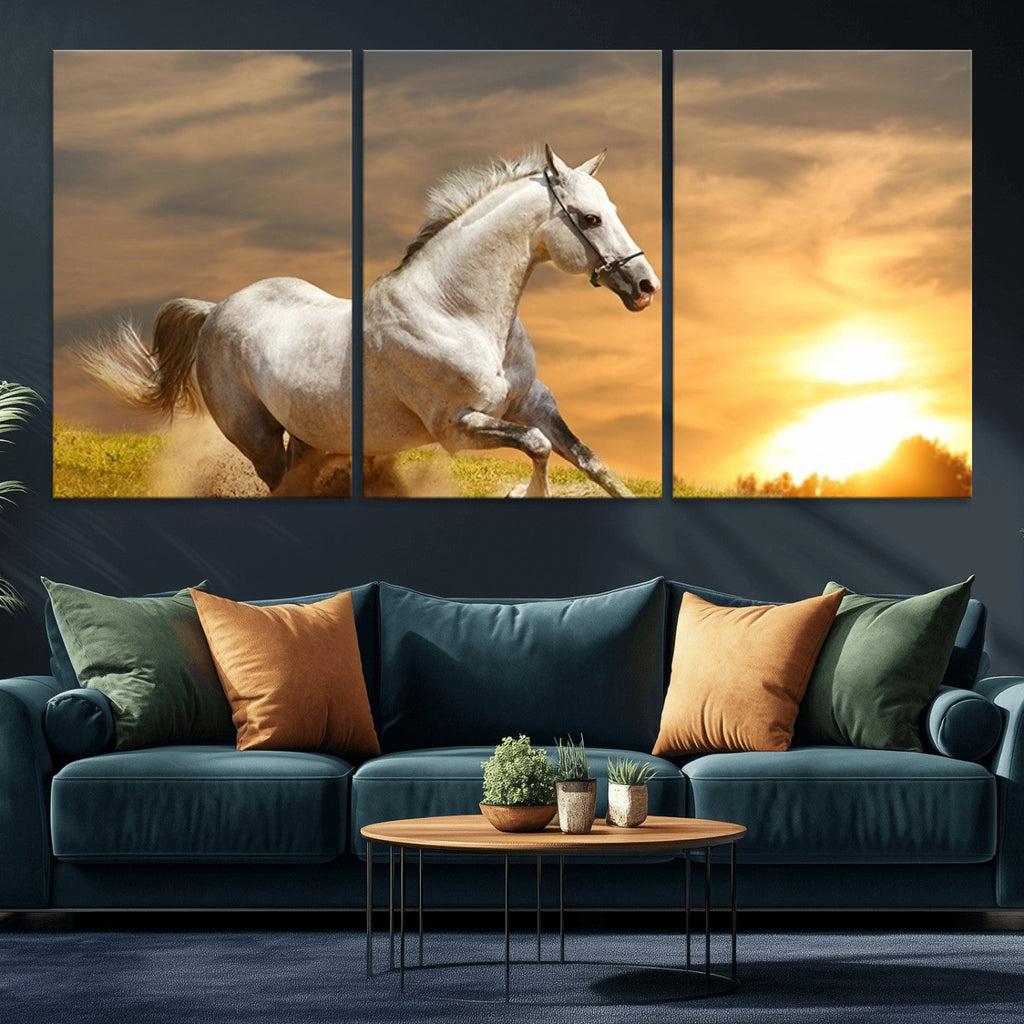 Large Wall Art Galloping White Horse at Sunset Canvas Print