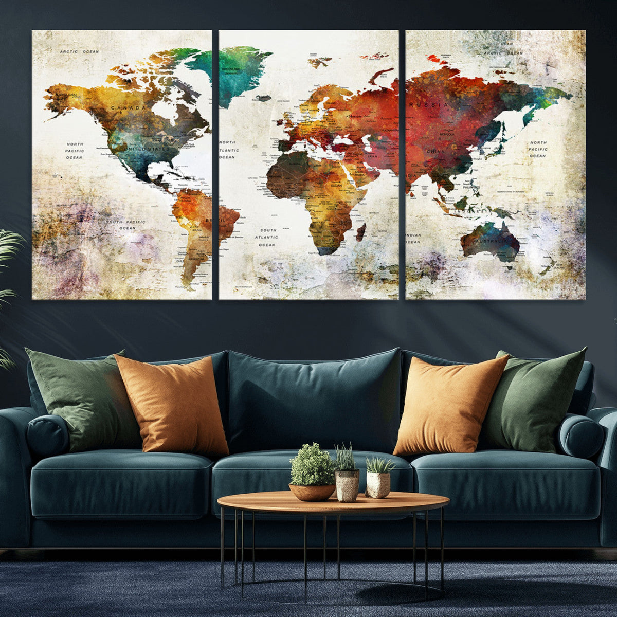 Watercolor World Map Canvas Print | Framed Travel Map Wall Art for Couples