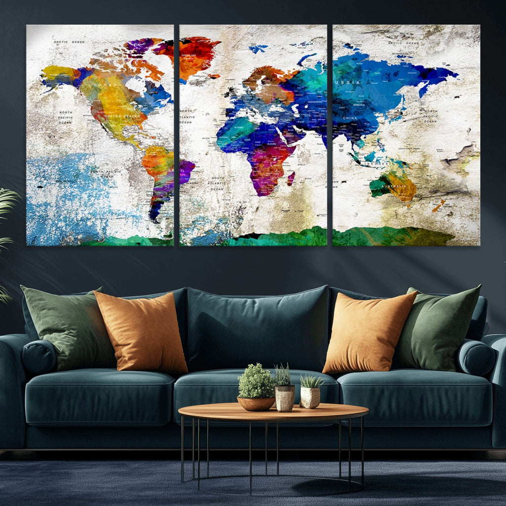 Navy Blue and Orange Watercolor World Map Canvas Print | Framed Travel Map