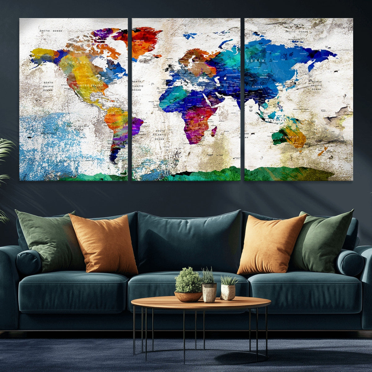 Navy Blue and Orange Watercolor World Map Canvas Print | Framed Travel Map