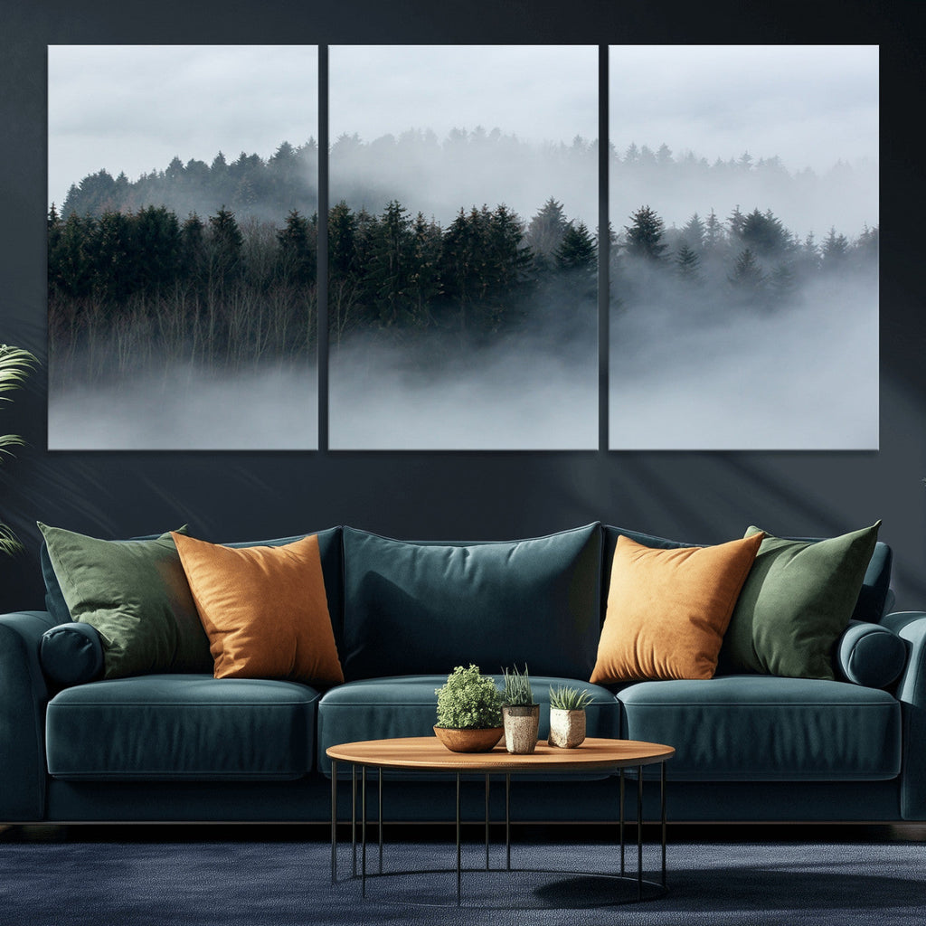 Autumn and Misty Trees in the Forest Wall Art Canvas Print, Foggy Forest Mountain Wall Art