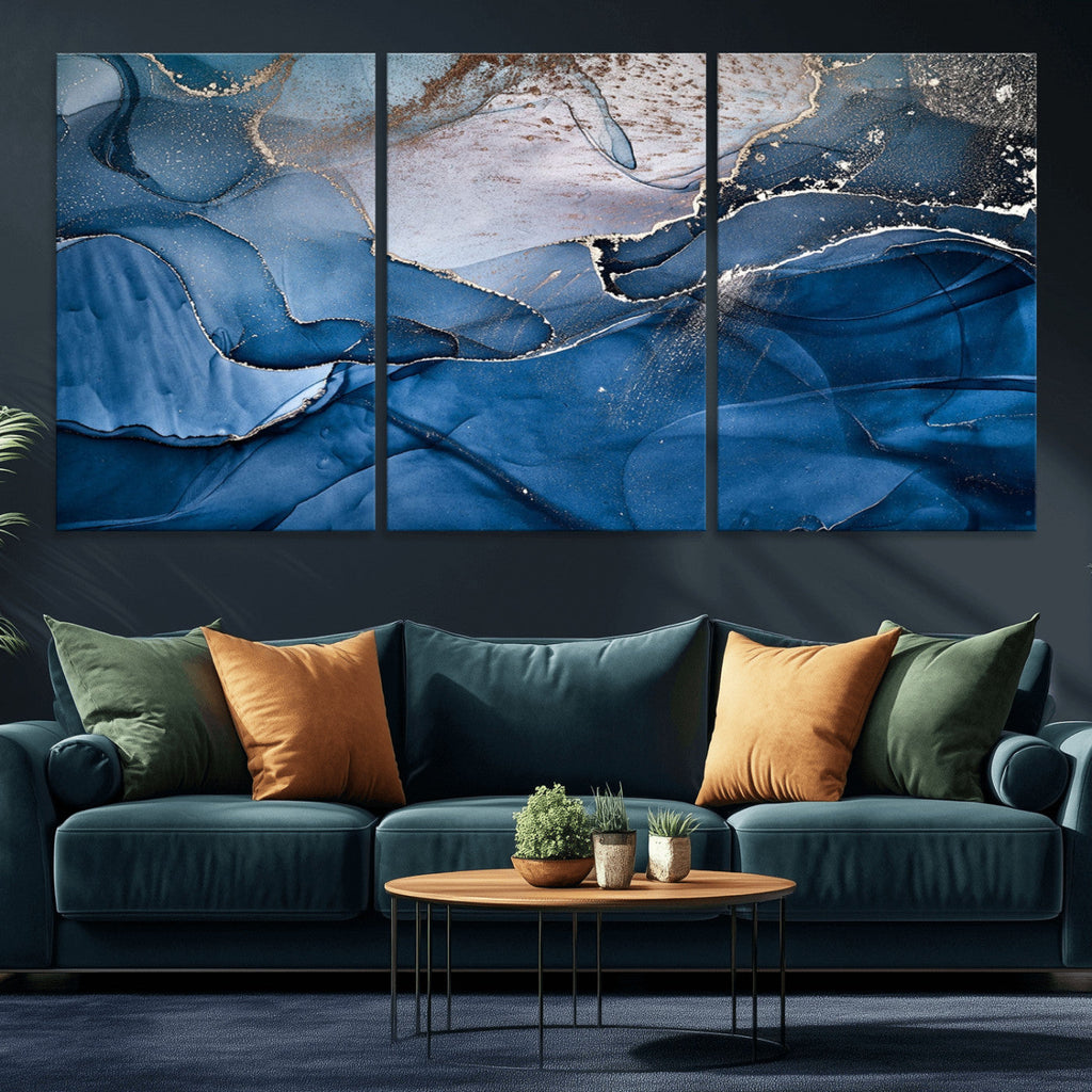 Navy Blue Canvas Art Abstract Print | Elegant Triptych Modern Art