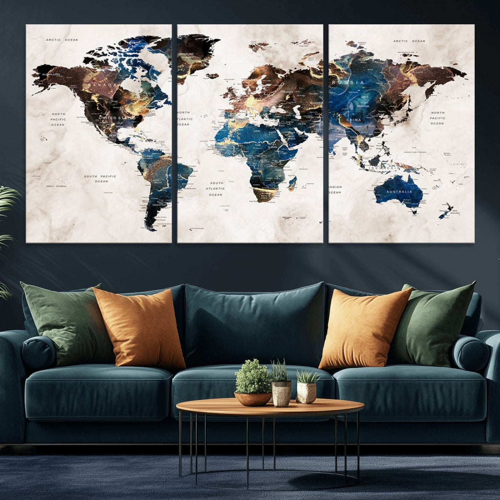 Abstract Earth Tone Blue World Map Canvas Print | Framed Travel Map Wall Art