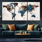 Abstract Earth Tone Blue World Map Canvas Print | Framed Travel Map Wall Art
