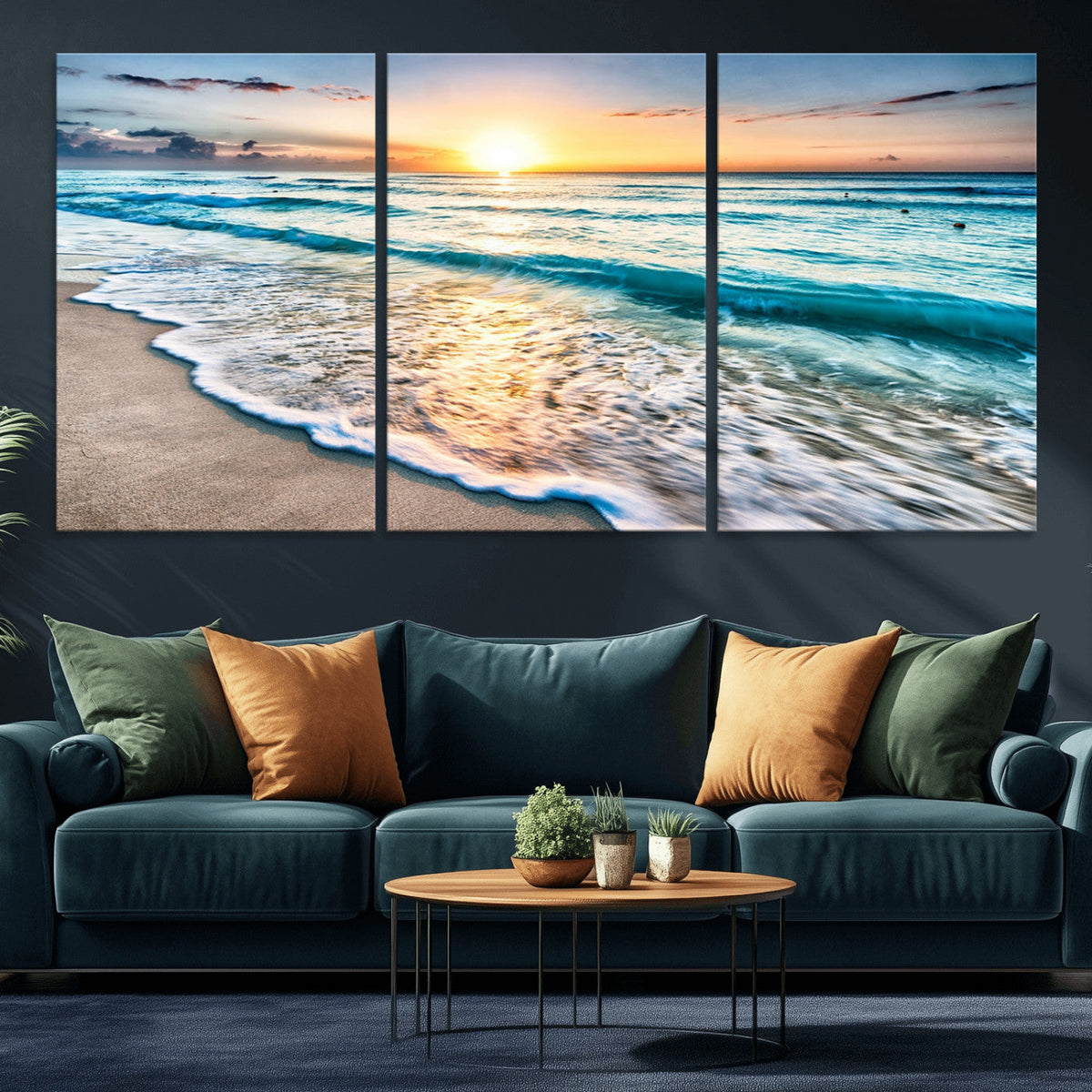 Sunset Beach Waves Canvas Wall Art | Ocean Sunset Coastal Print