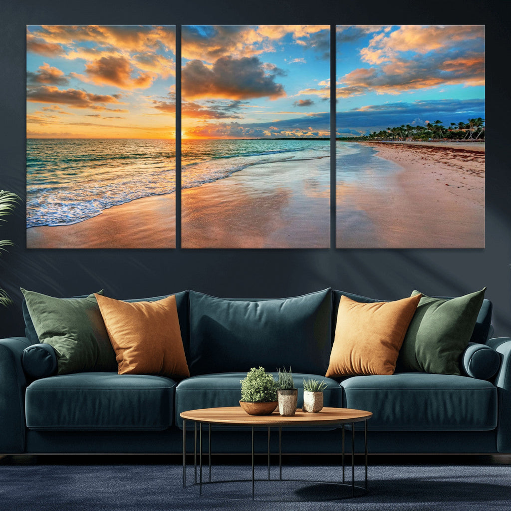 Sunset Beach Canvas Wall Art | Tropical Triptych Seascape Print