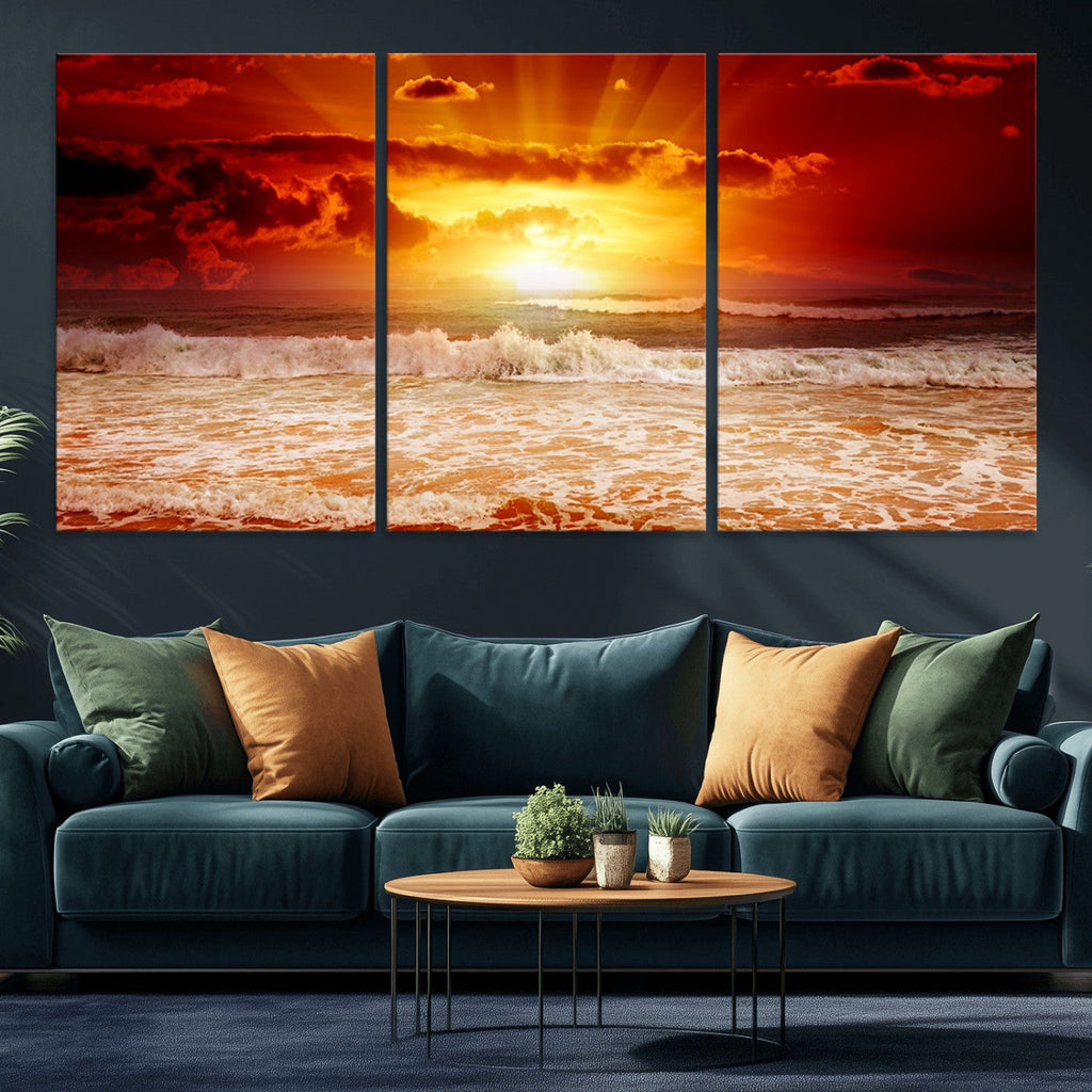 Red Sunset Ocean Beach Canvas Wall Art, Coastal Sunset Print