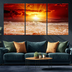 Red Sunset Ocean Beach Canvas Wall Art, Coastal Sunset Print