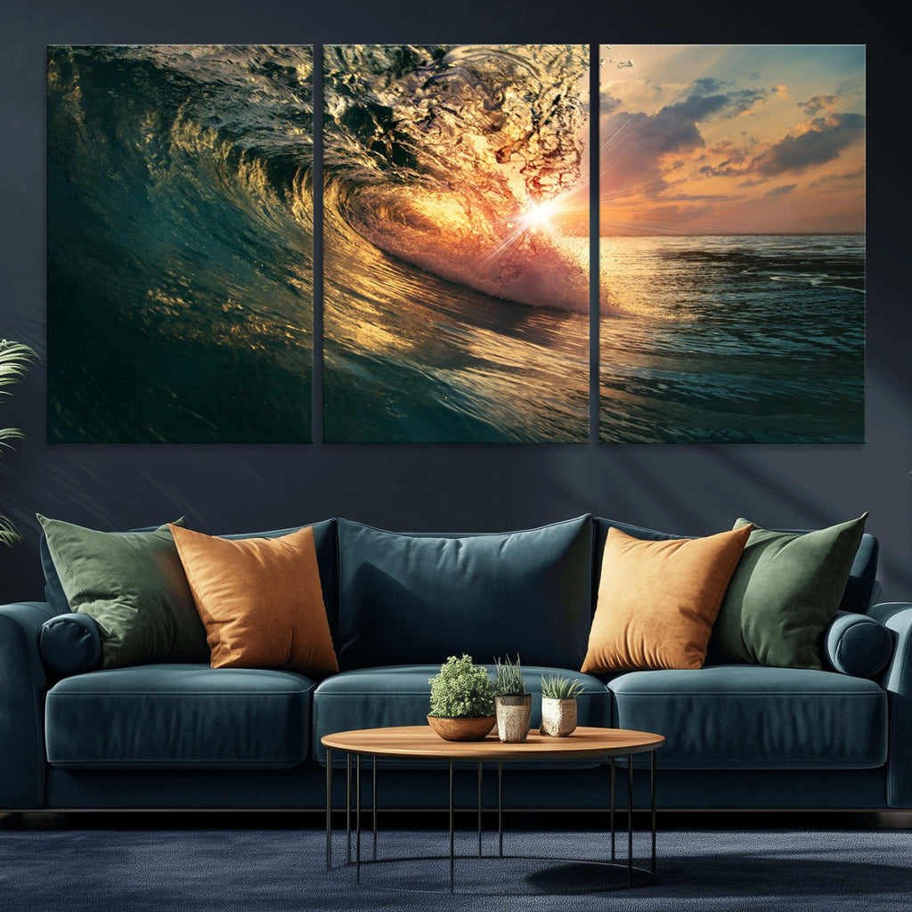 Ocean Wave Sunset Canvas Wall Art | Triptych Seascape Print