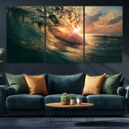 Ocean Wave Sunset Canvas Wall Art | Triptych Seascape Print