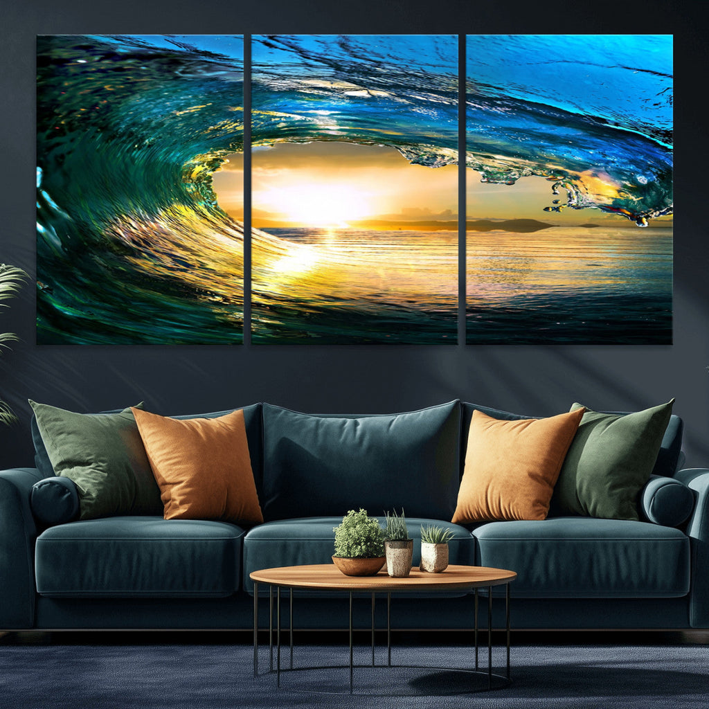 Ocean Wave at Sunset Canvas Art, Large Wall Print of Vibrant Surfing Wave
