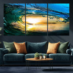 Ocean Wave at Sunset Canvas Art, Large Wall Print of Vibrant Surfing Wave