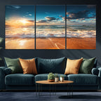 Golden Sunset Beach Triptych Canvas Art, Giclee Coastal Wall Decor, Ocean Waves Print