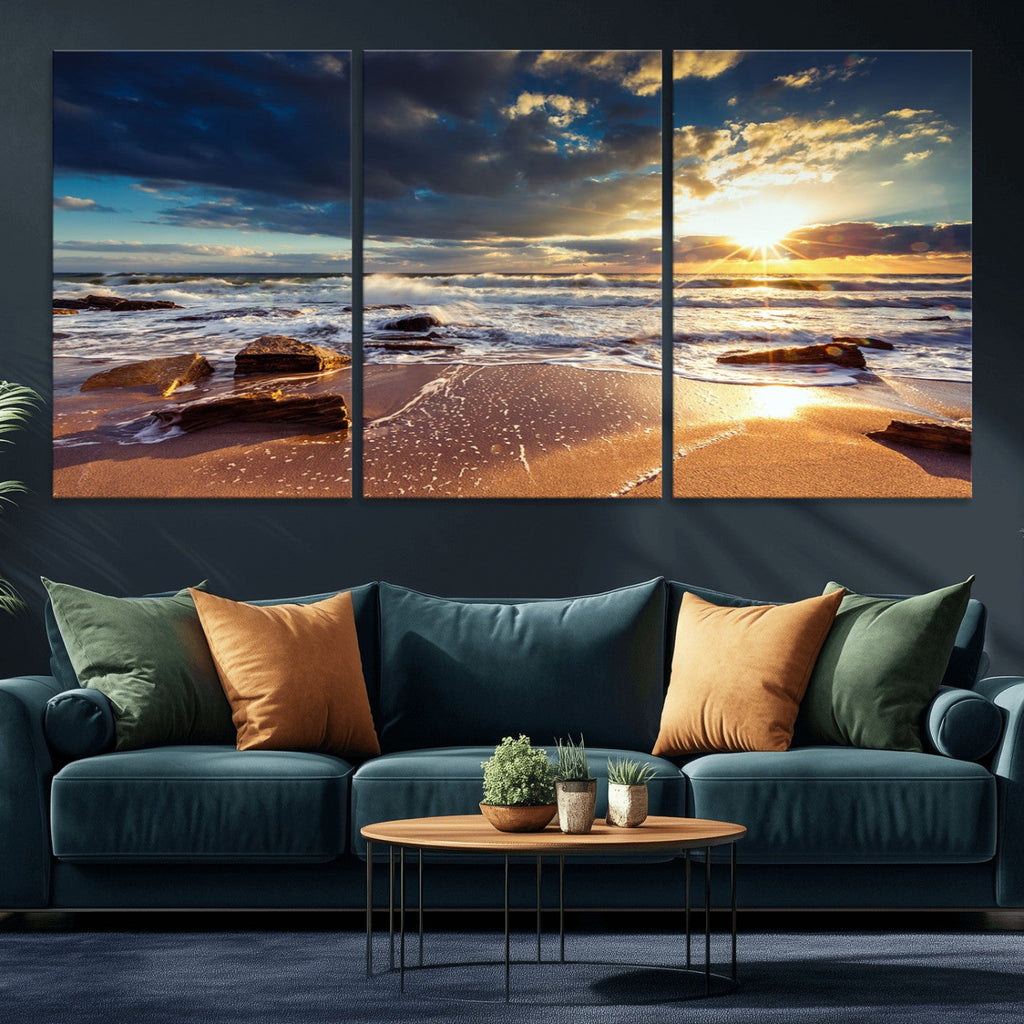 Golden Hour Beach Sunset Canvas Triptych, Ocean Waves and Rocks Wall Art
